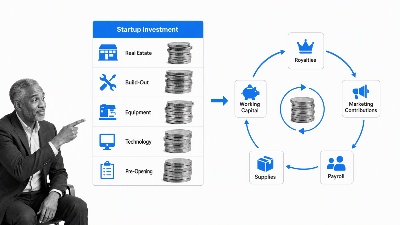 Startup investment stack beside continuing franchise obligations