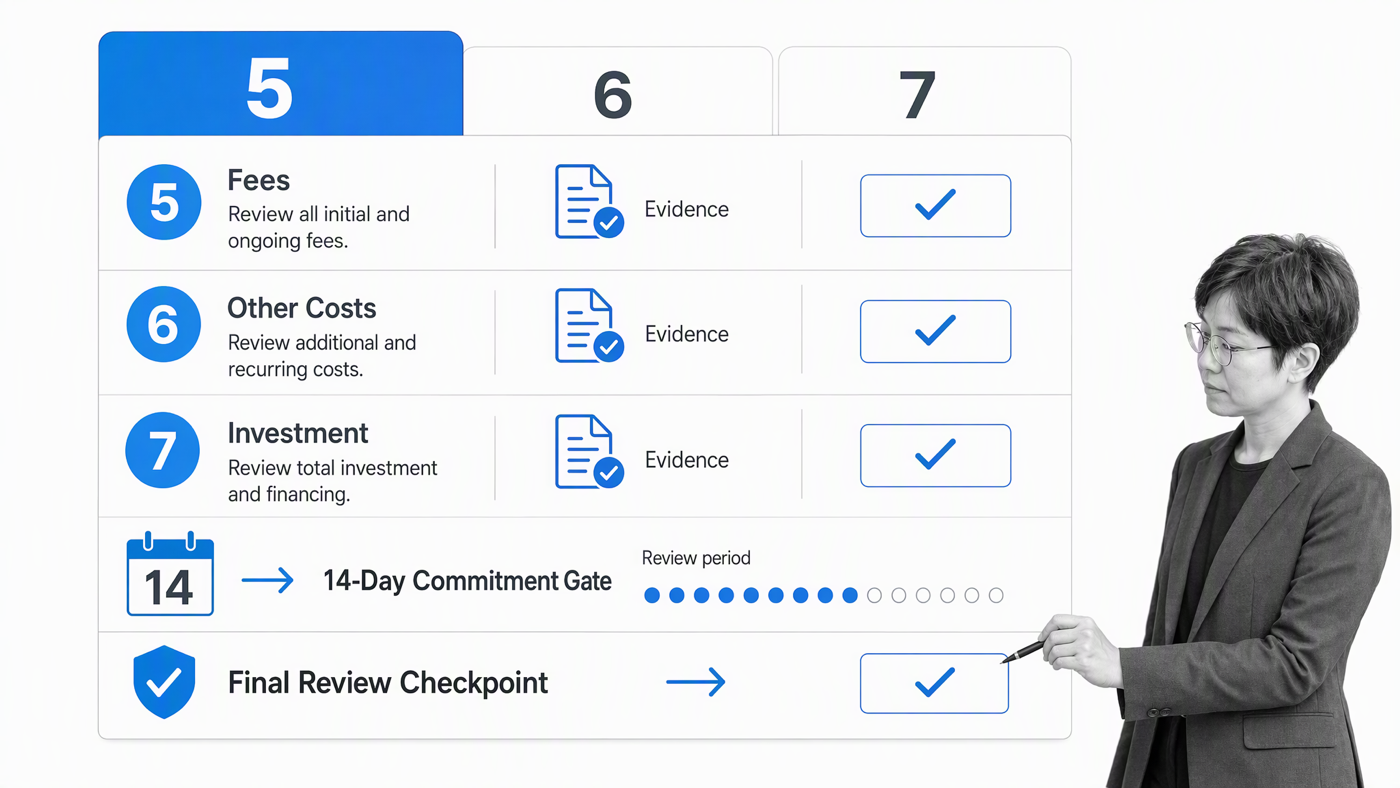FDD Items 5, 6, and 7 reviewed before a 14-day commitment gate