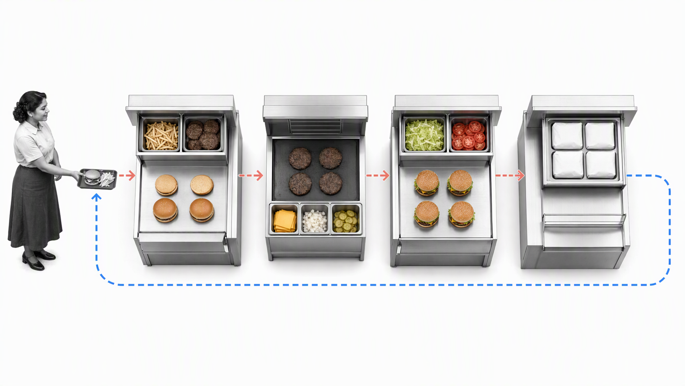 Four-station quick-service kitchen designed for repeatability