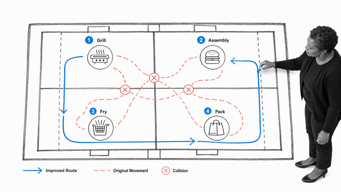 Kitchen movement rehearsed and simplified on a tennis-court layout