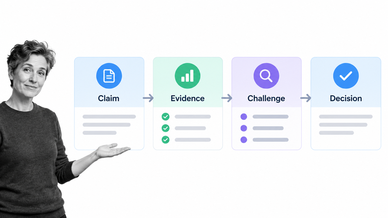 Claim, evidence, challenge, and decision review sequence