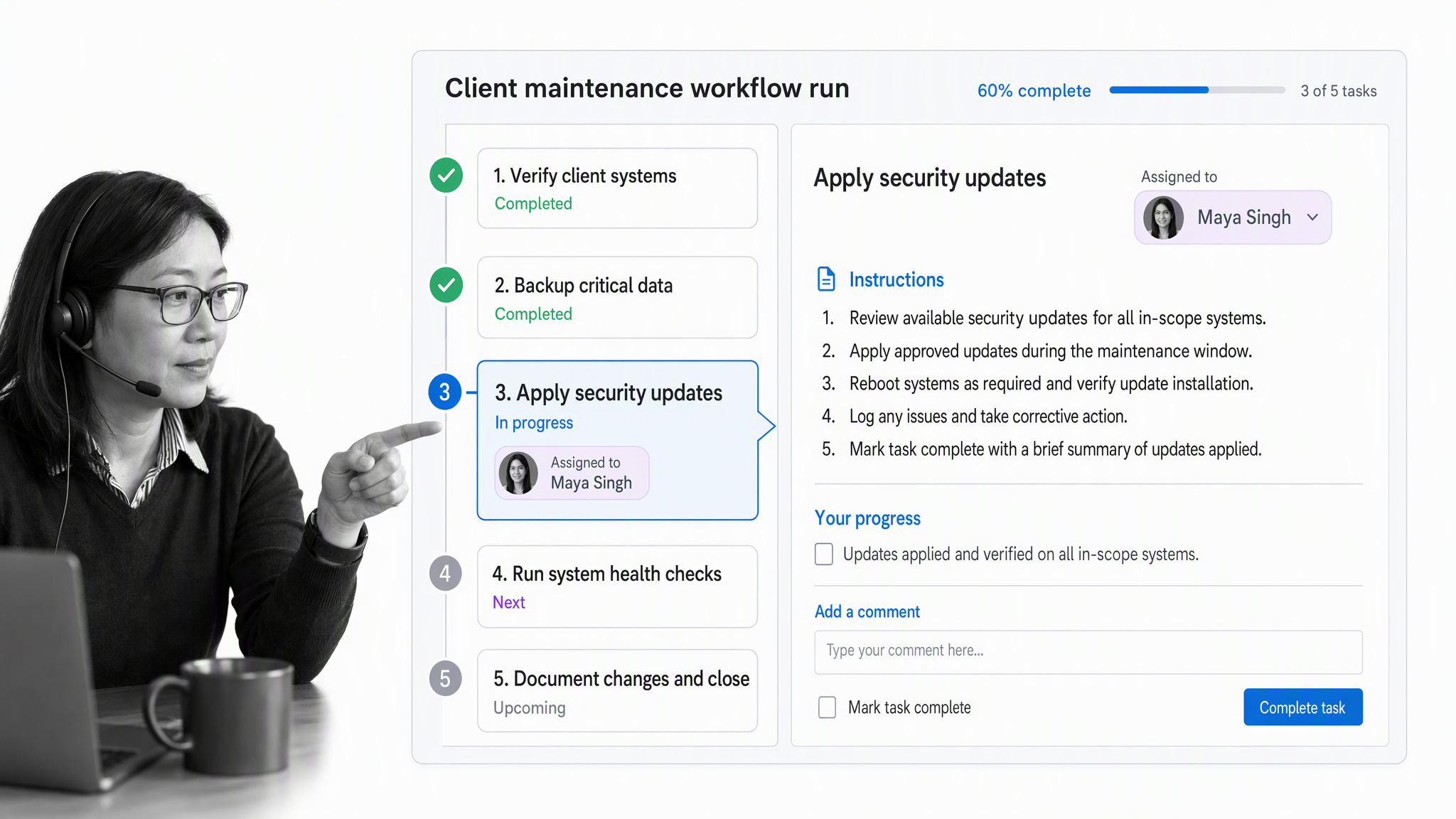 Client maintenance workflow run with task progress, instructions, and assignment