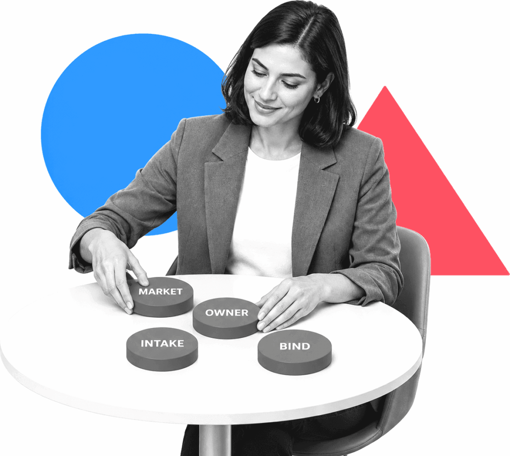 Insurance brokerage operations manager arranging labeled workflow tokens on a sorting table.