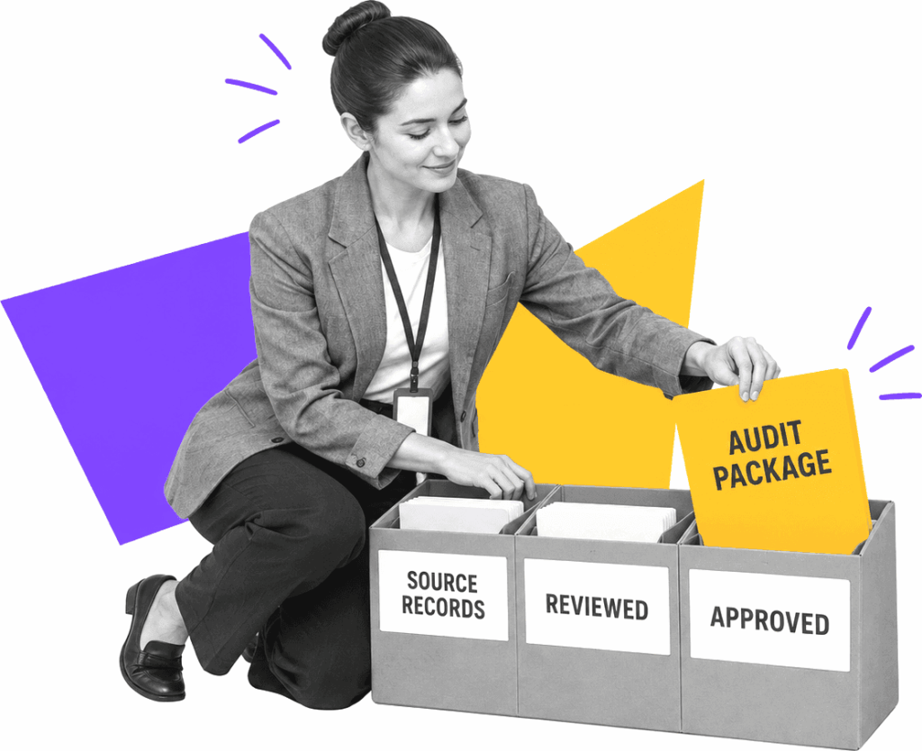 Insurance compliance manager organizing labeled evidence records into a complete regulatory review package.