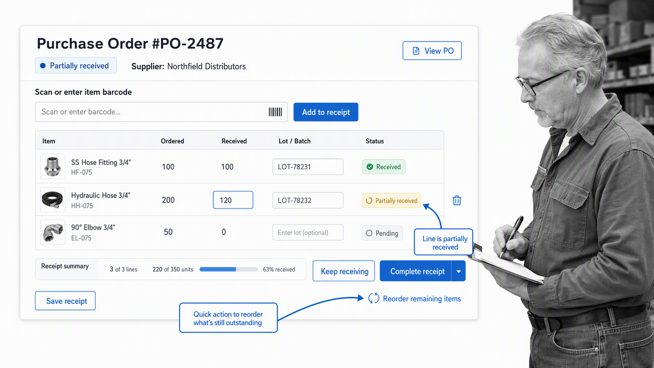 inFlow Inventory purchase order receipt with barcode and partial quantities