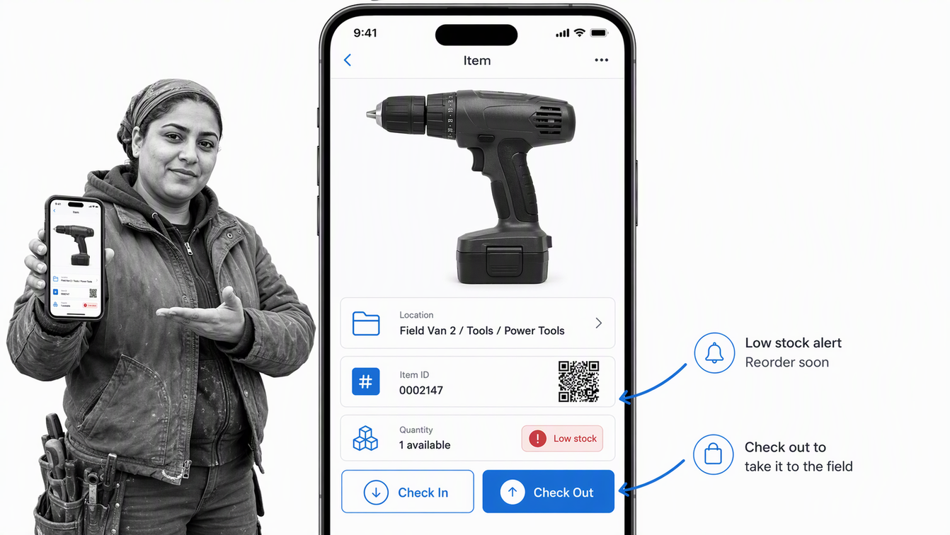 Sortly mobile inventory record with item photo, QR code, and check-out control