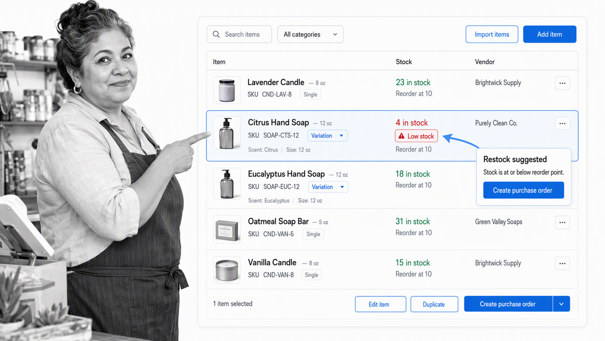 Square item library showing a low-stock retail product and purchase-order action