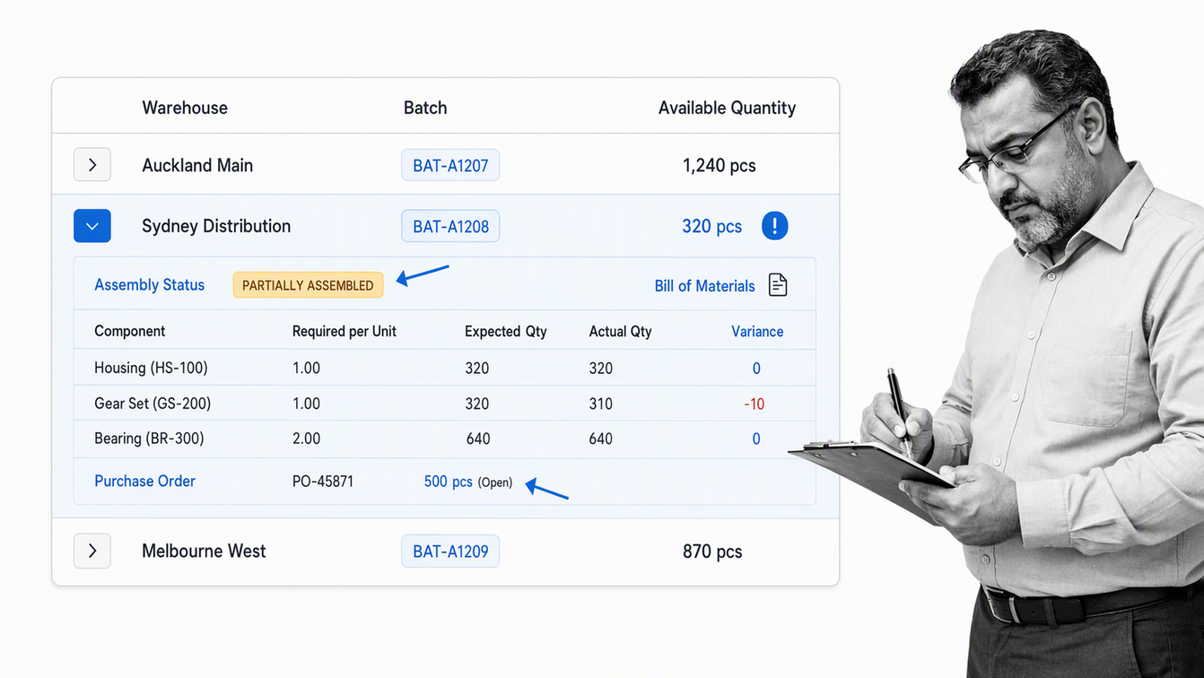 Unleashed product availability showing warehouse balances, batch tracking, and assembly status