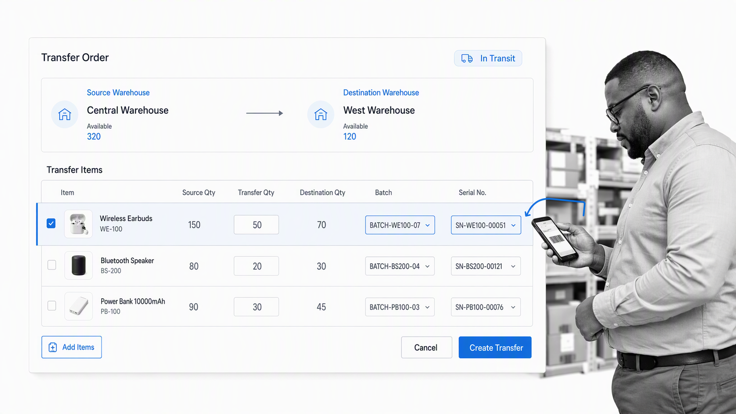 Zoho Inventory transfer order moving batch-tracked stock between warehouses