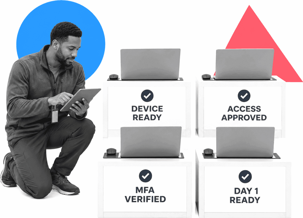 IT operations lead checking labeled access and device setup stations.