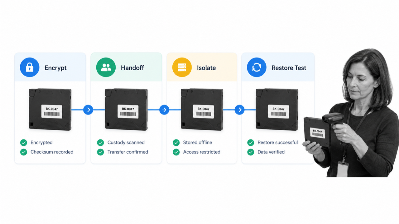Encrypted backup chain of custody with offline storage and a verified restore test