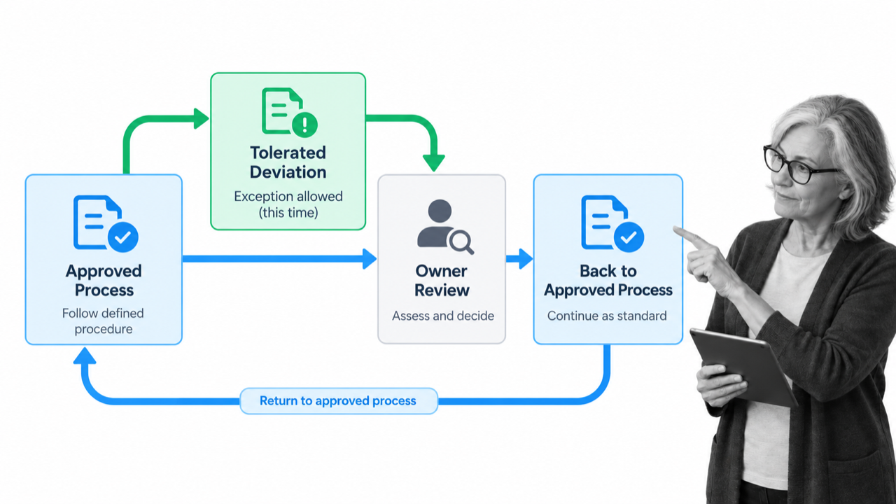 Approved IT process with a controlled deviation and owner review loop