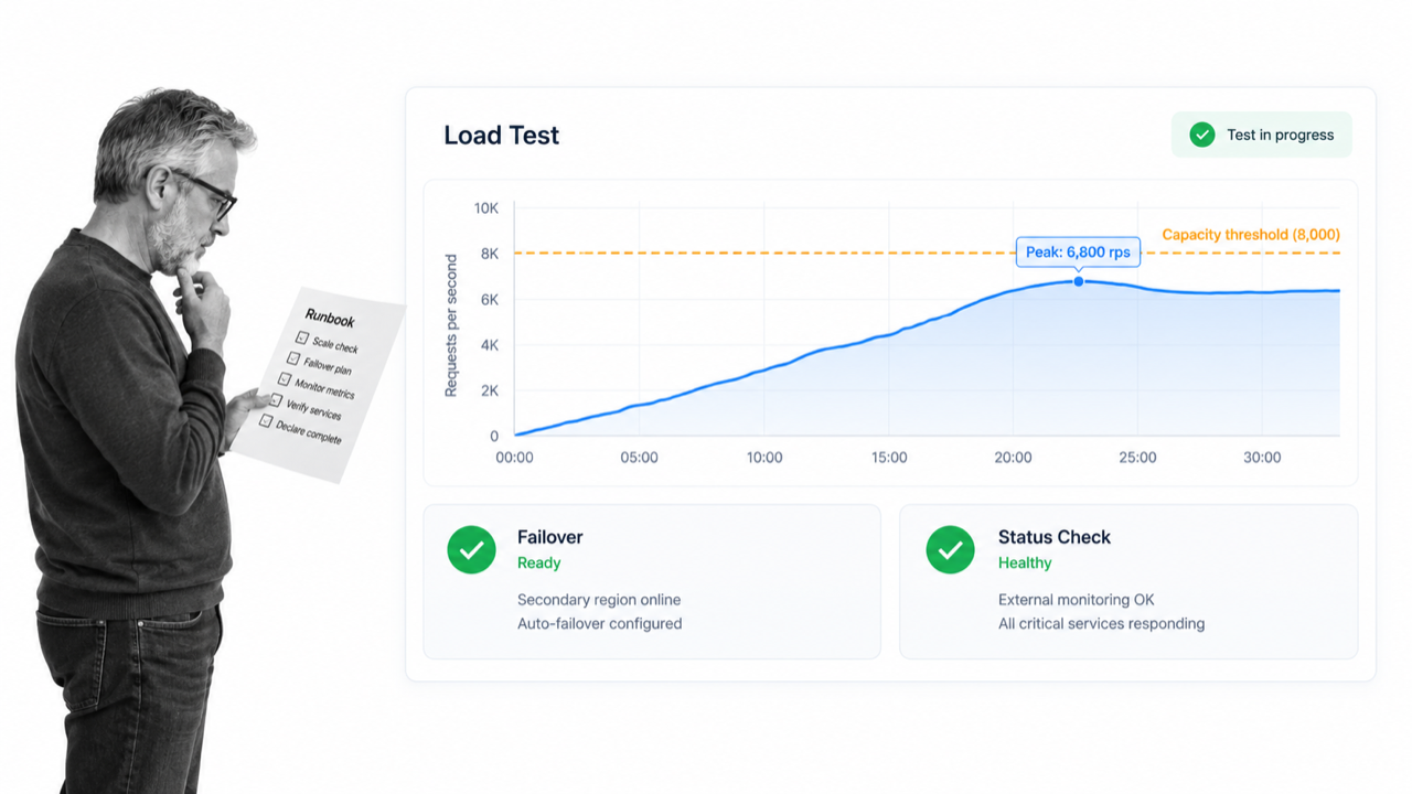 Load test dashboard with capacity threshold failover status and monitoring checks