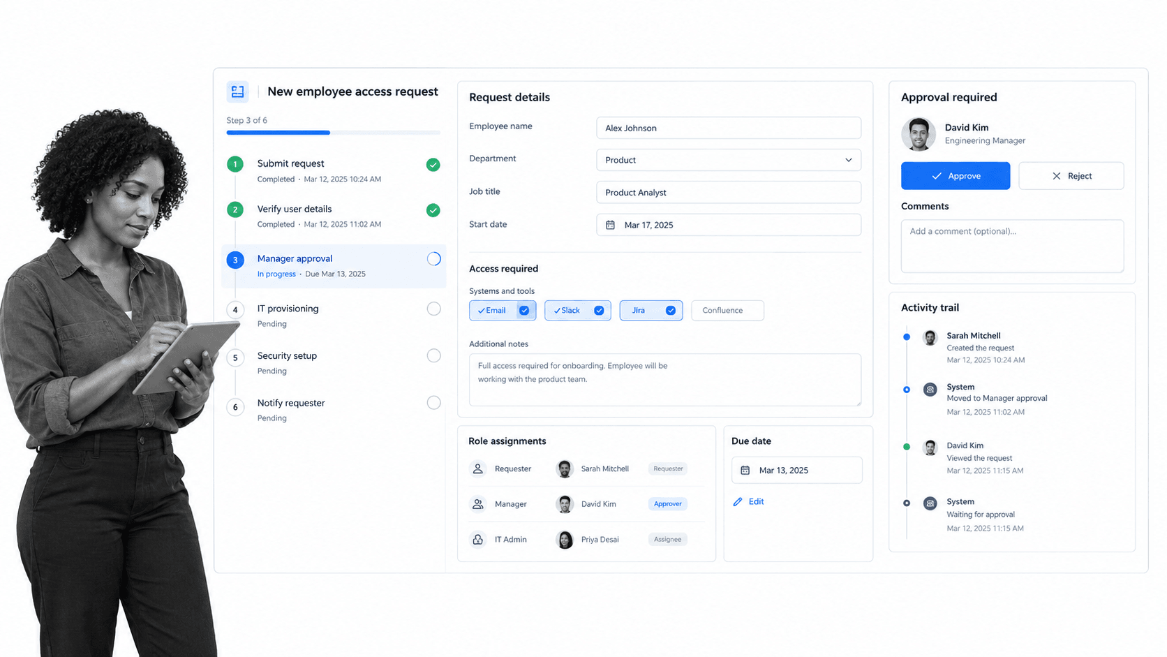 Process Street IT service management interface showing workflow runs with forms, assignments, approvals, automation, and activity history