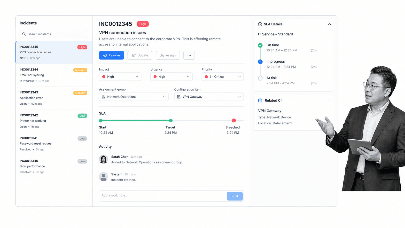 ServiceNow ITSM IT service management interface showing incident, request, problem, change, asset, and configuration workflows
