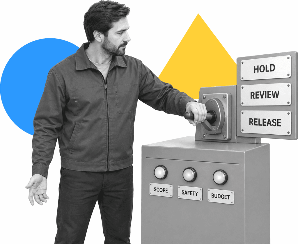 A maintenance manager turns an authorization selector labeled hold, review, and release.