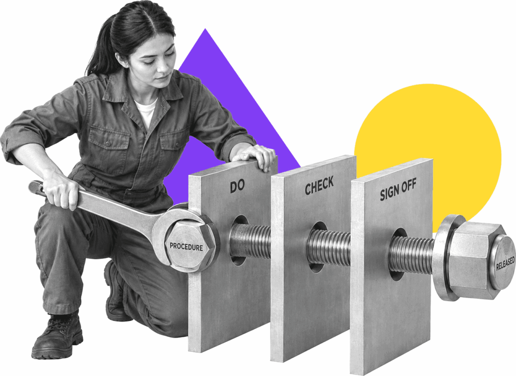 A manufacturing quality engineer tightens a labeled procedure bolt through do, check, signoff, and release controls.
