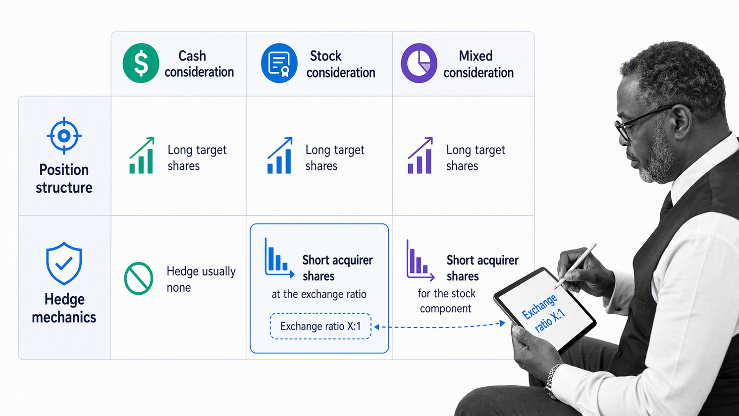 Comparison of cash, stock, and mixed consideration structures in merger arbitrage