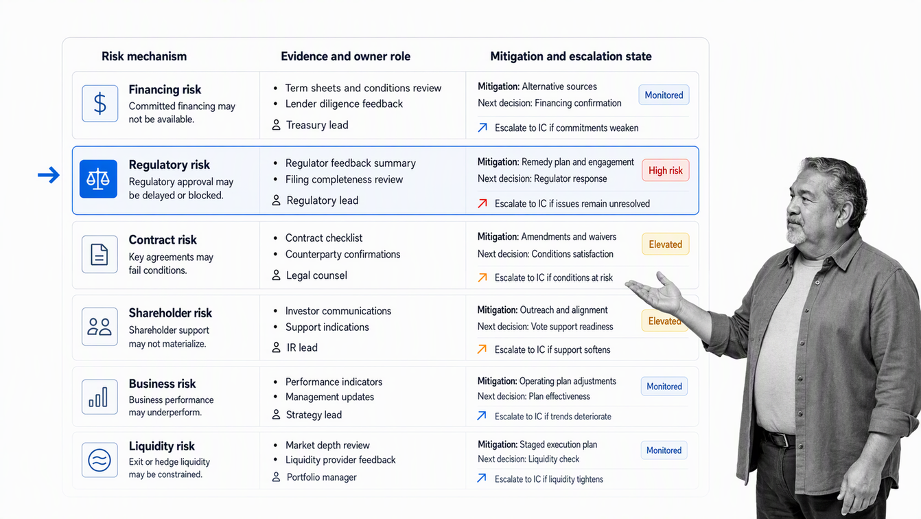 Merger arbitrage deal-risk register for regulatory, financing, contract, shareholder, business, and liquidity risks