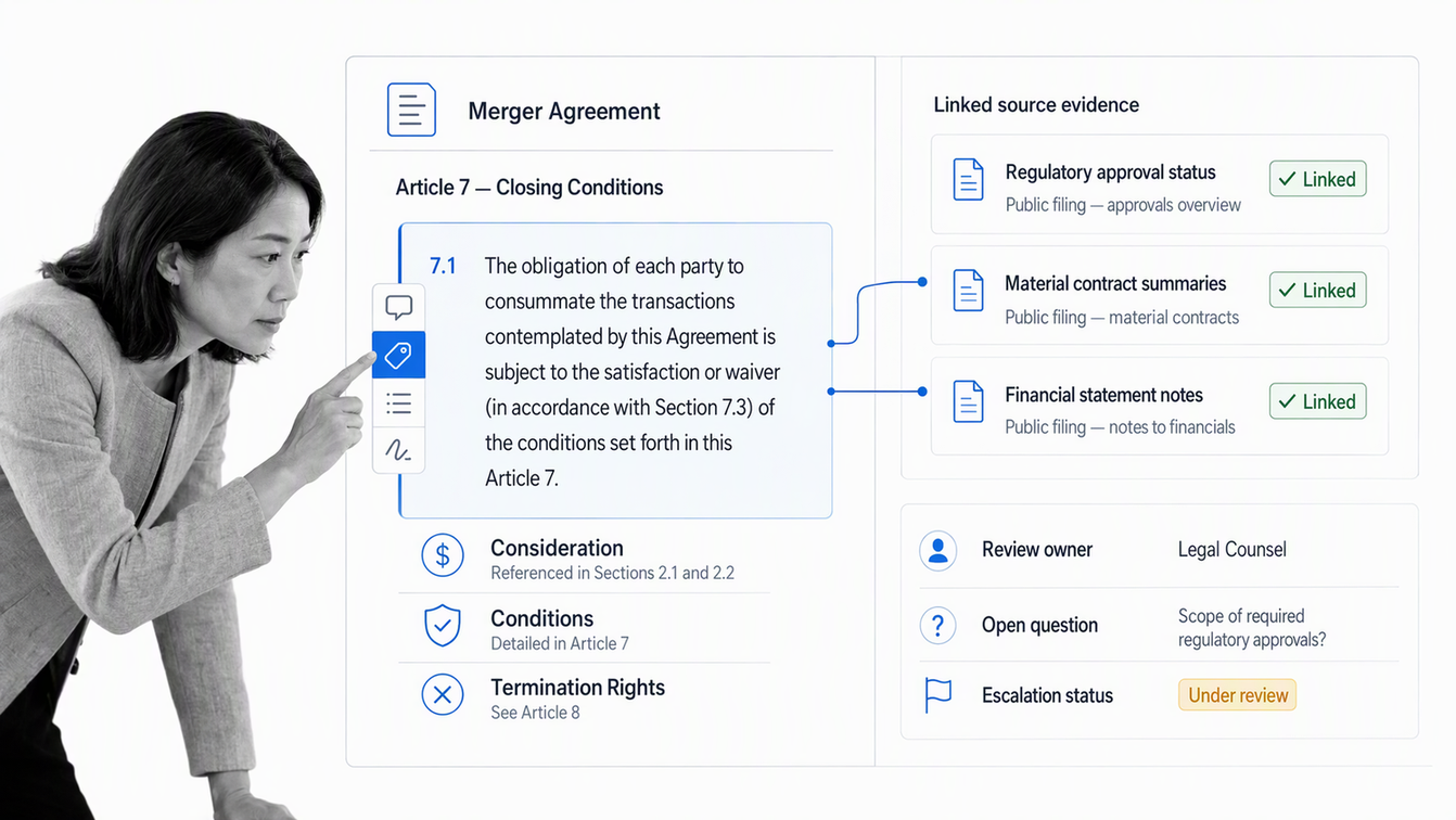 Merger agreement review framework connecting deal terms, closing conditions, termination rights, and source evidence