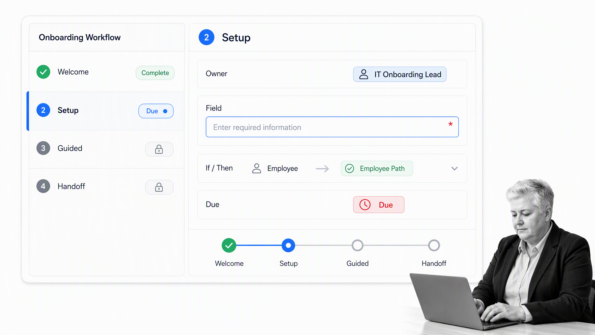 Process Street onboarding workflow run with a selected setup task, owner, conditional branch, and due cue