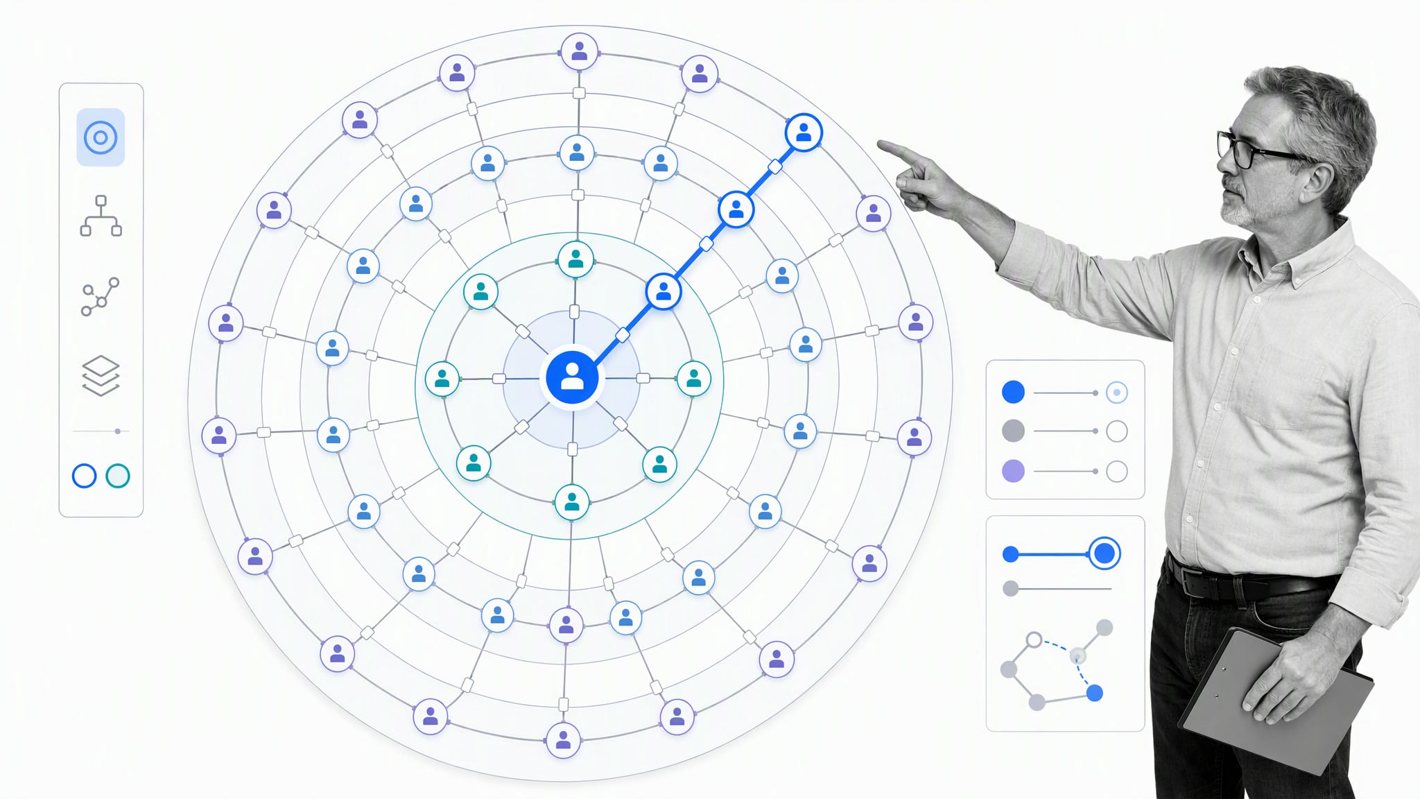 B and W operations leader reviewing a circular role system with distributed decision paths
