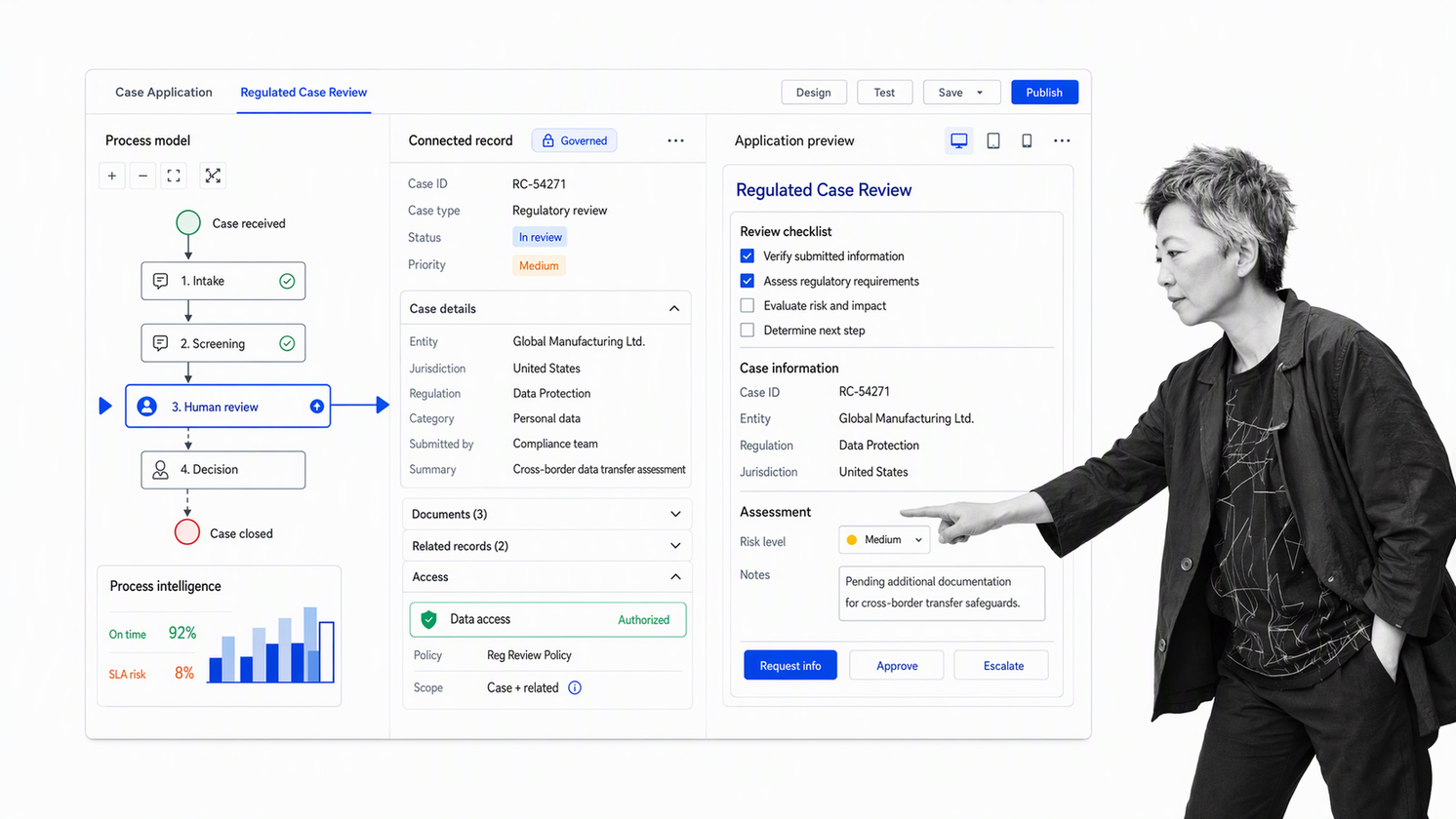 Appian low-code process application with workflow model, unified data record, and review interface