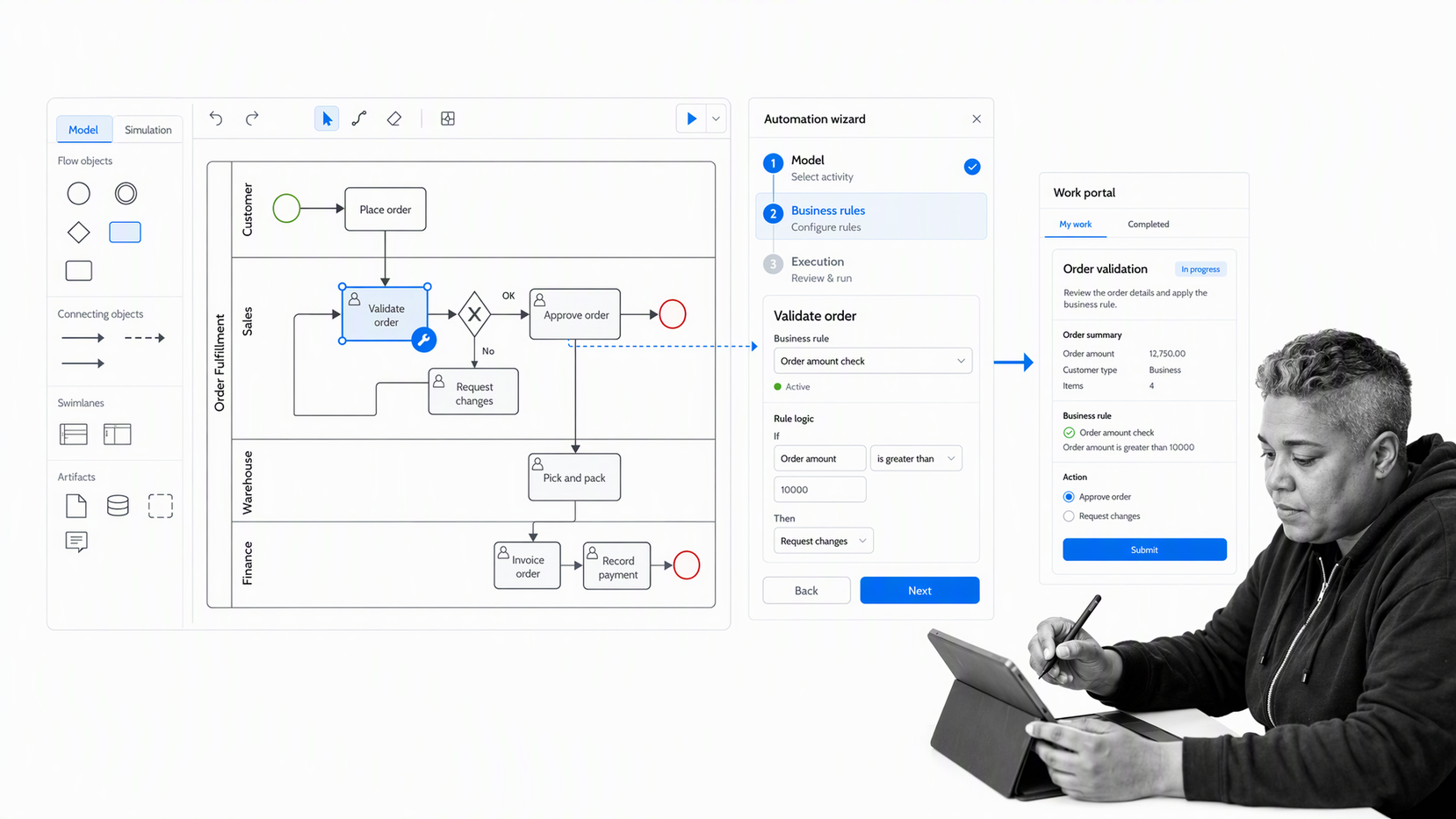 Bizagi BPMN model connected to business rules and a runnable process application preview