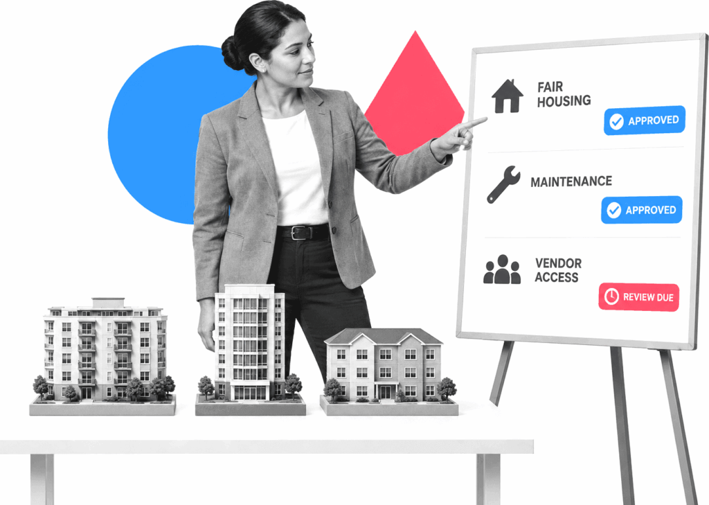 A property operations director examines a policy review board for multiple buildings.
