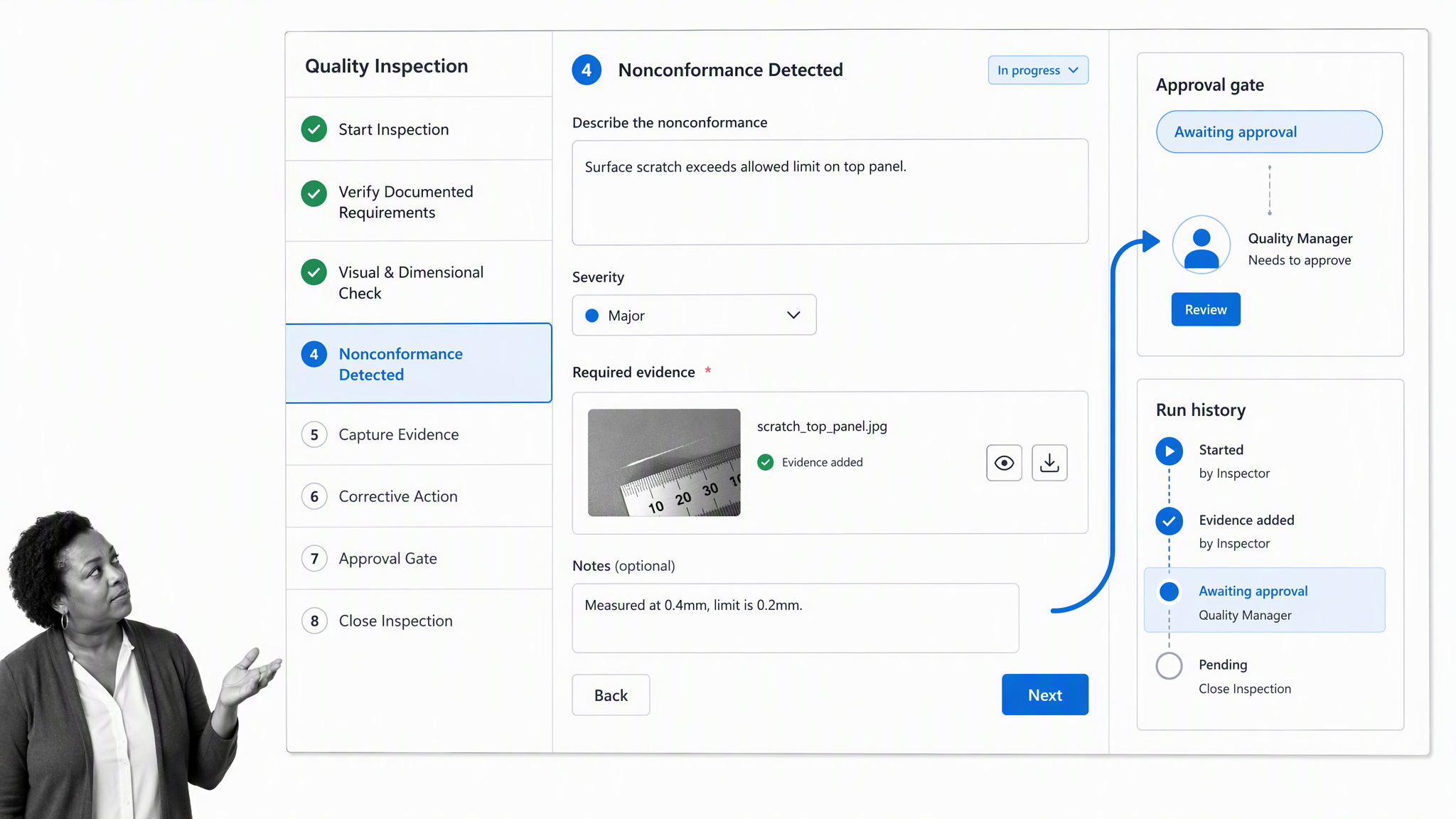 Process Street quality control software showing guided workflows connect inspections, corrective actions, approvals, and audit history