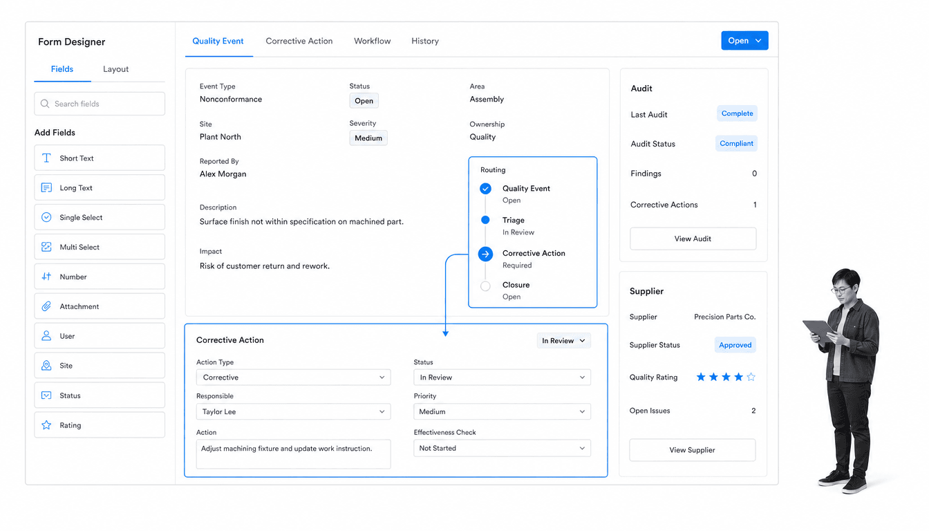 ETQ Reliance quality control software showing a cloud qms for document control, training, audits, capa, change, and supplier quality