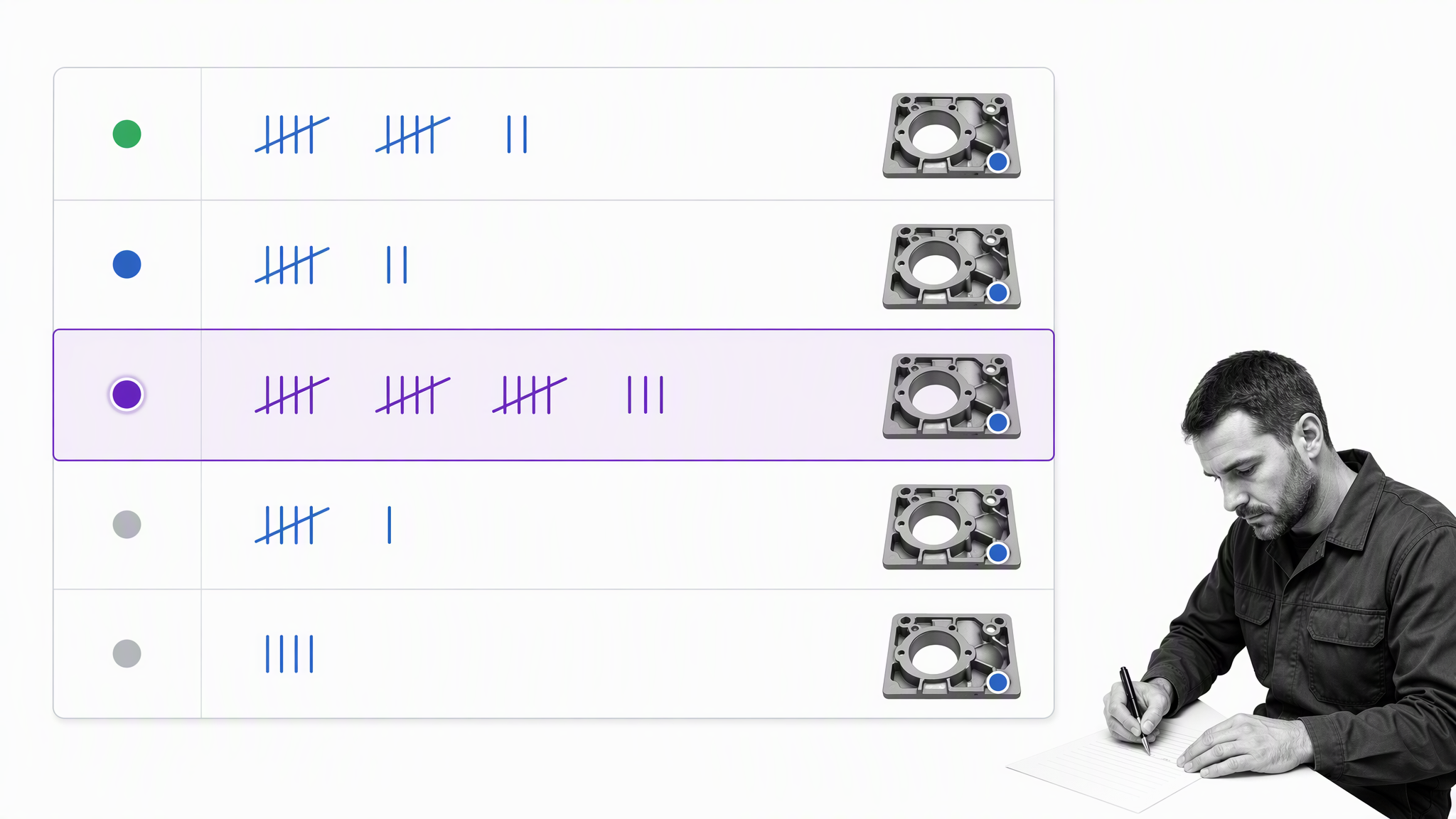 Defect collection check sheet with a selected observation row
