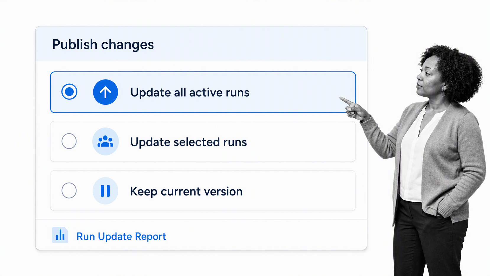 Workflow publish screen for applying changes to active runs