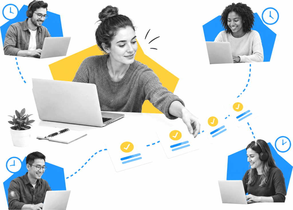 Remote employee reaching toward a sequence of onboarding milestone cards