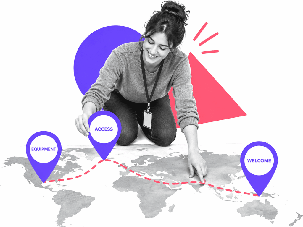 People operations manager checking remote onboarding milestones across a world map.