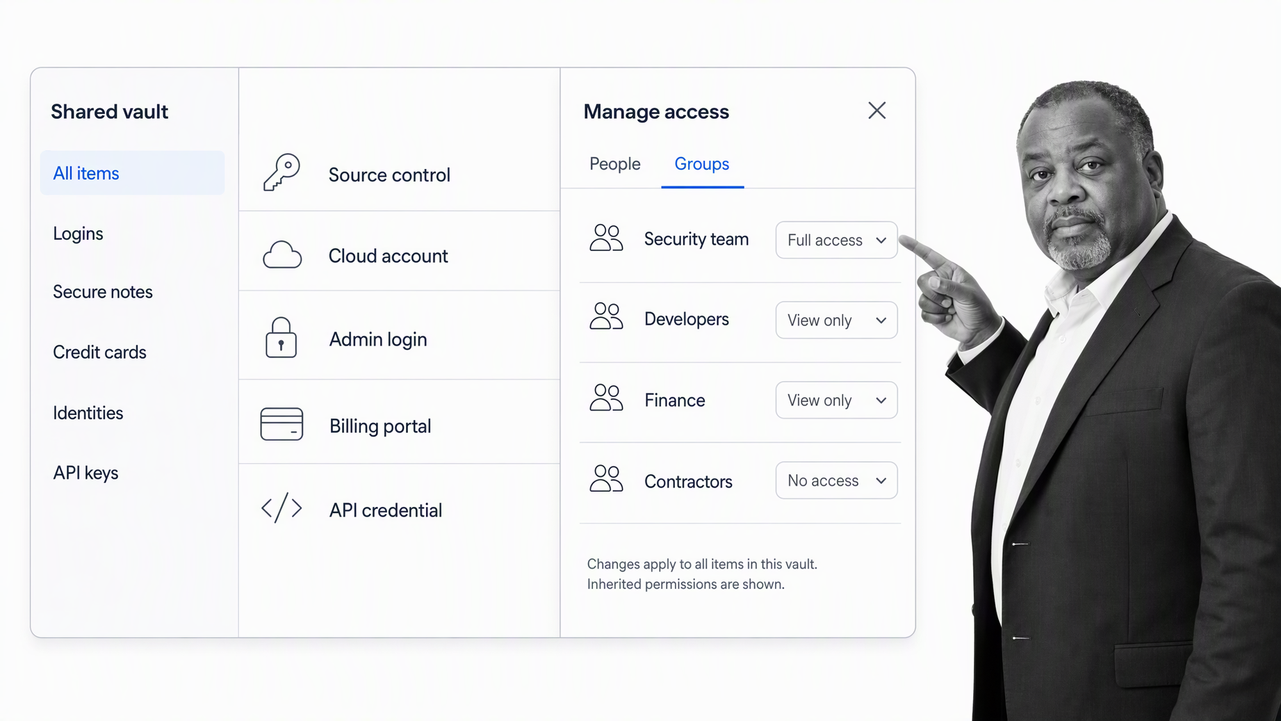 1Password shared team vault with credential items and group access controls