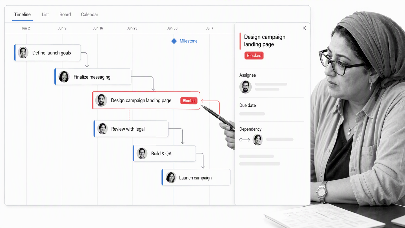 Asana project timeline with task dependencies, assignees, and a launch milestone