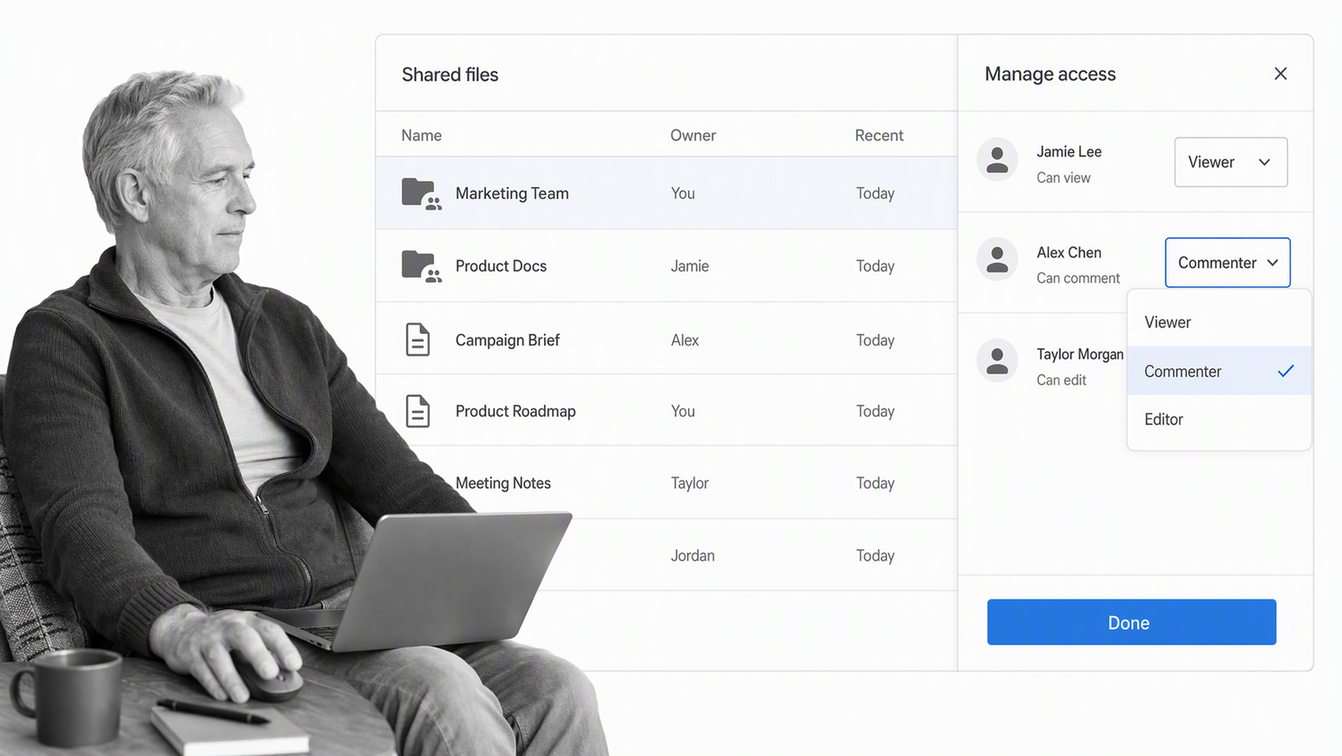 Google Drive shared team folder with viewer, commenter, and editor permissions