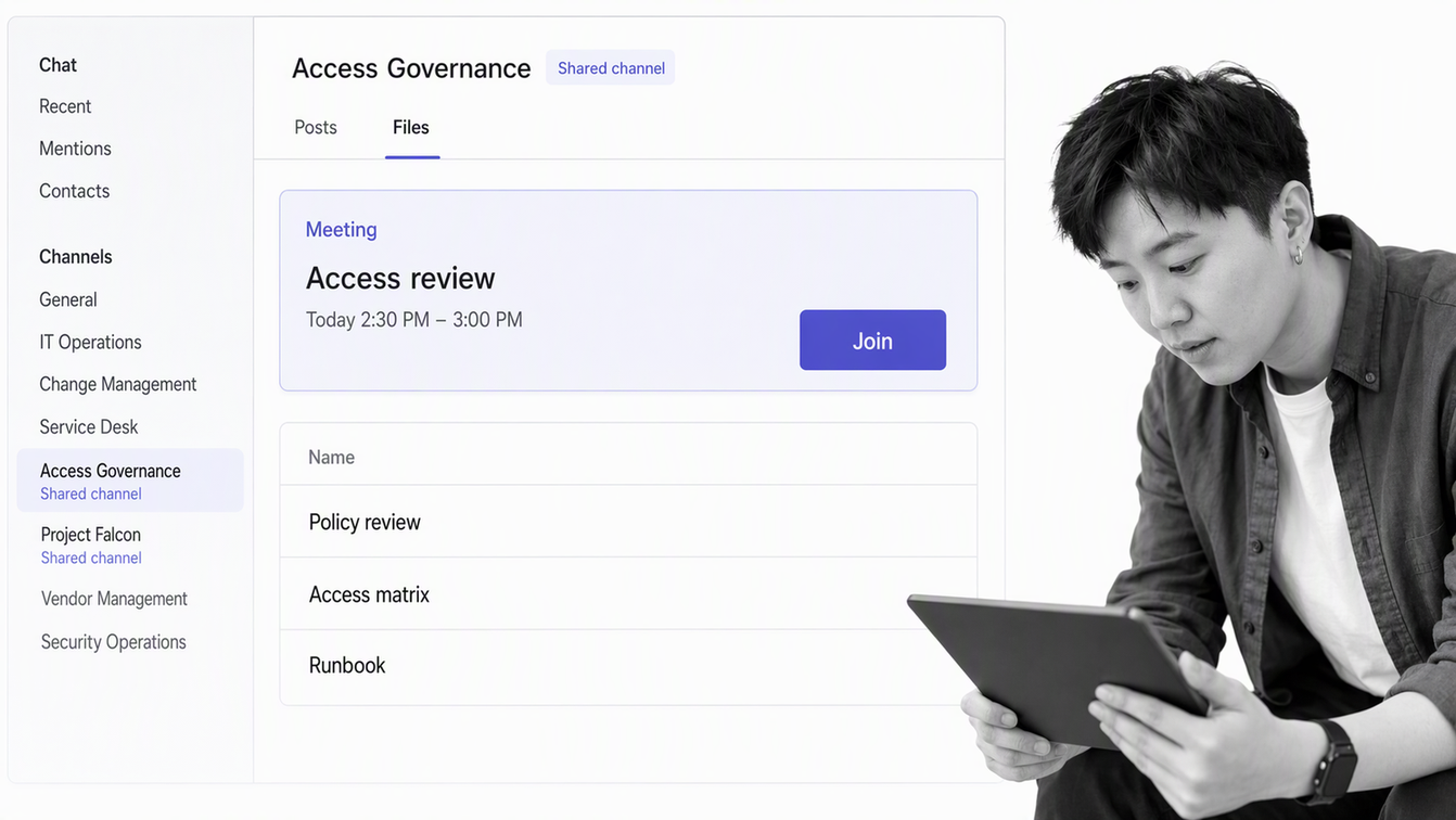 Microsoft Teams shared channel with posts, files, and a scheduled remote meeting