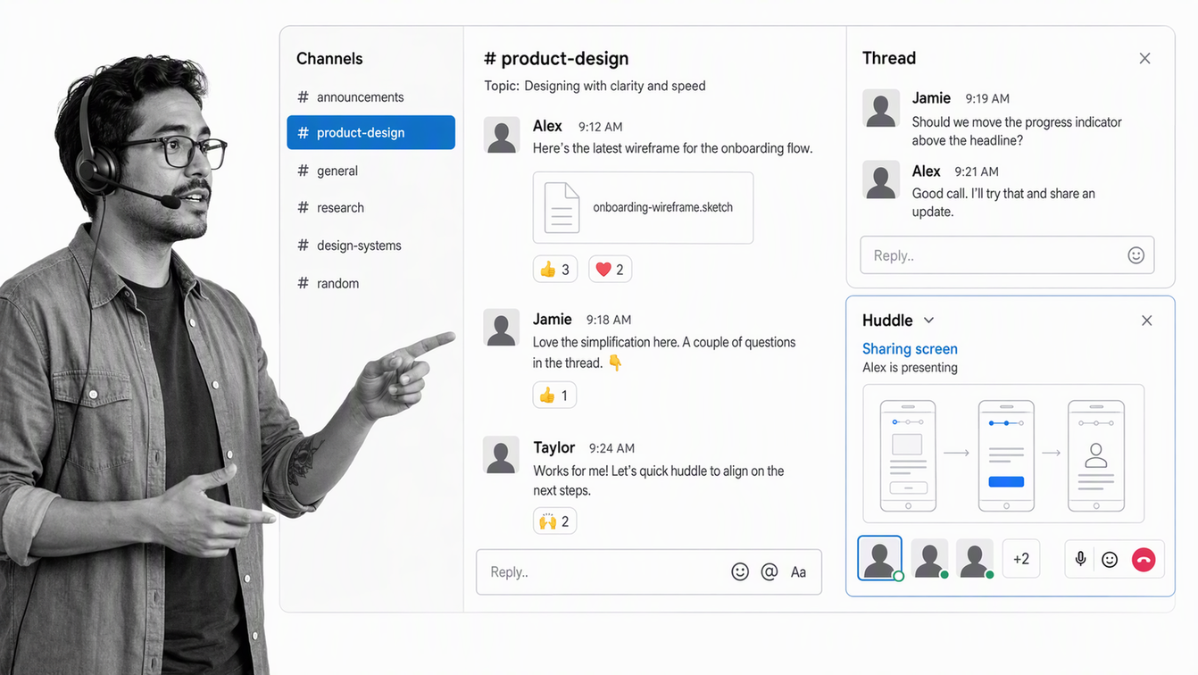 Slack channel conversation with threaded replies and an active remote team huddle