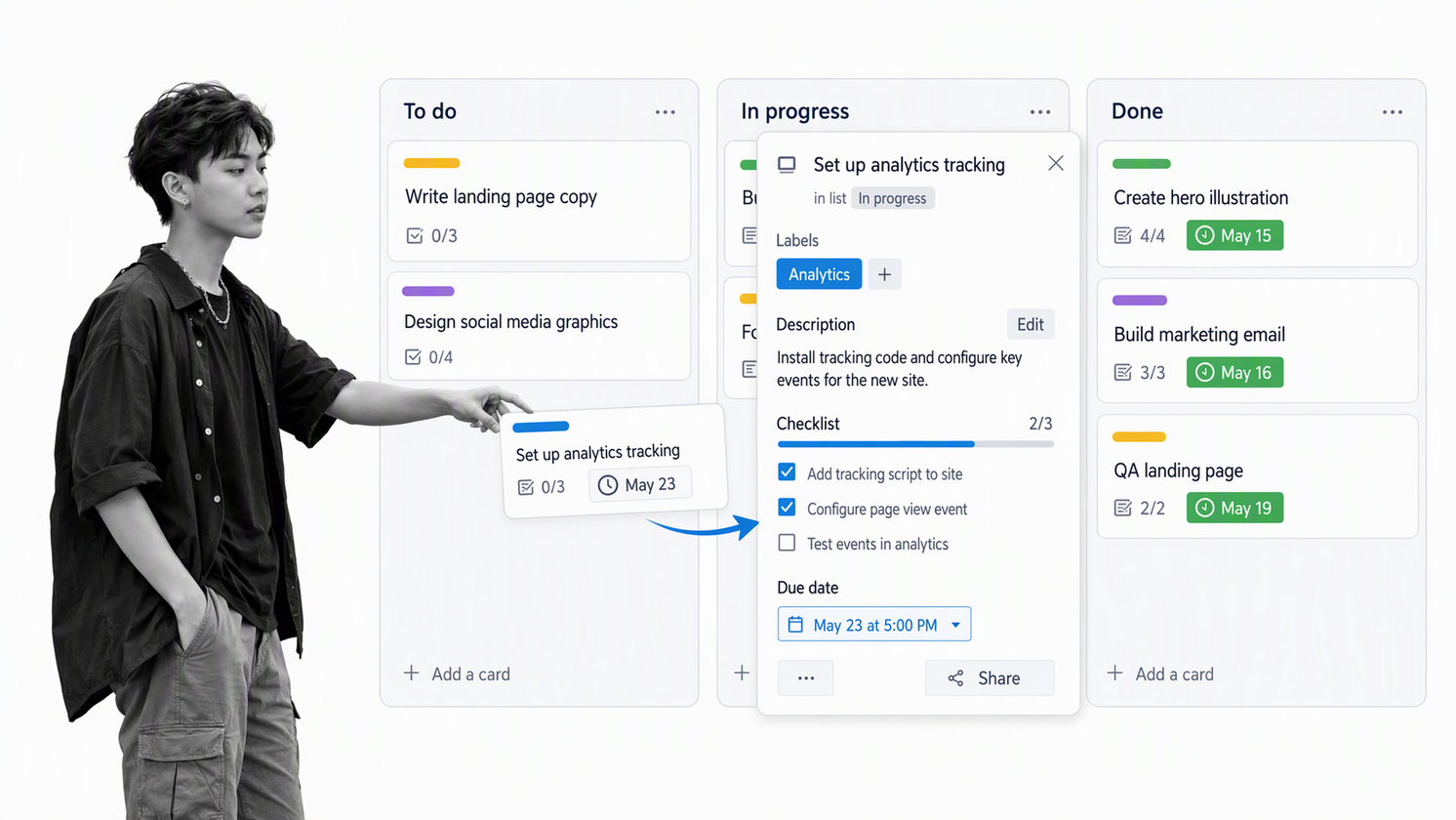 Trello kanban board with three lists, task cards, labels, and checklist progress