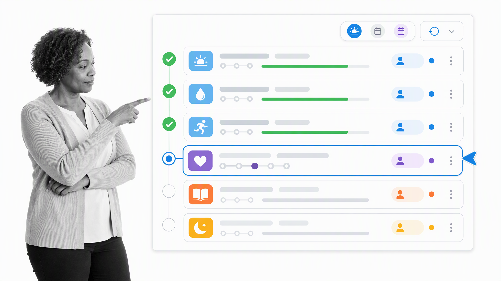 Self-care routine workflow with daily and weekly review steps