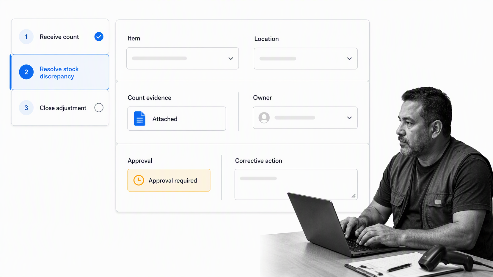 Process Street inventory discrepancy workflow with evidence, approval, and corrective action