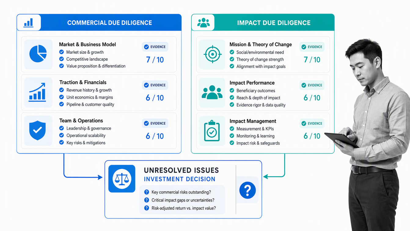 Dual-track social venture capital due diligence matrix for commercial and impact evidence