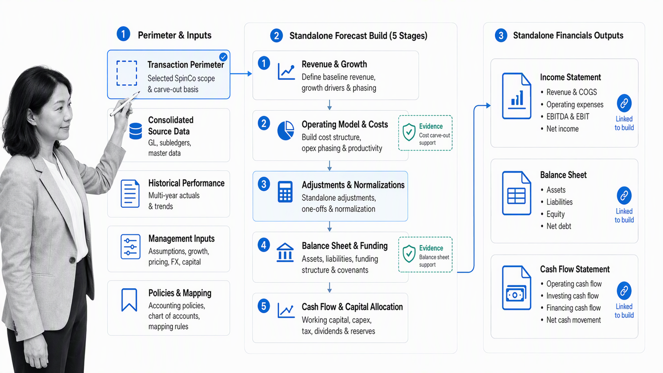 Workflow for building standalone SpinCo financial statements from the separation perimeter