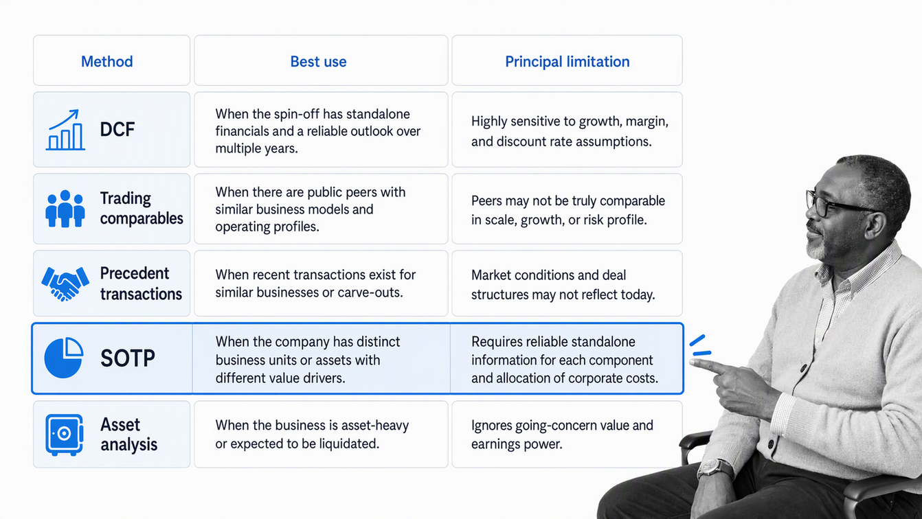 Decision matrix comparing five spin-off valuation techniques