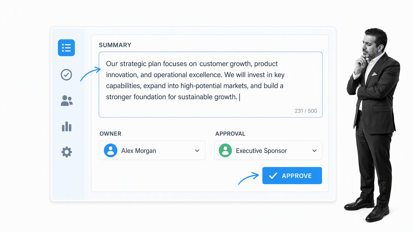 Executive summary workflow with owner and approval