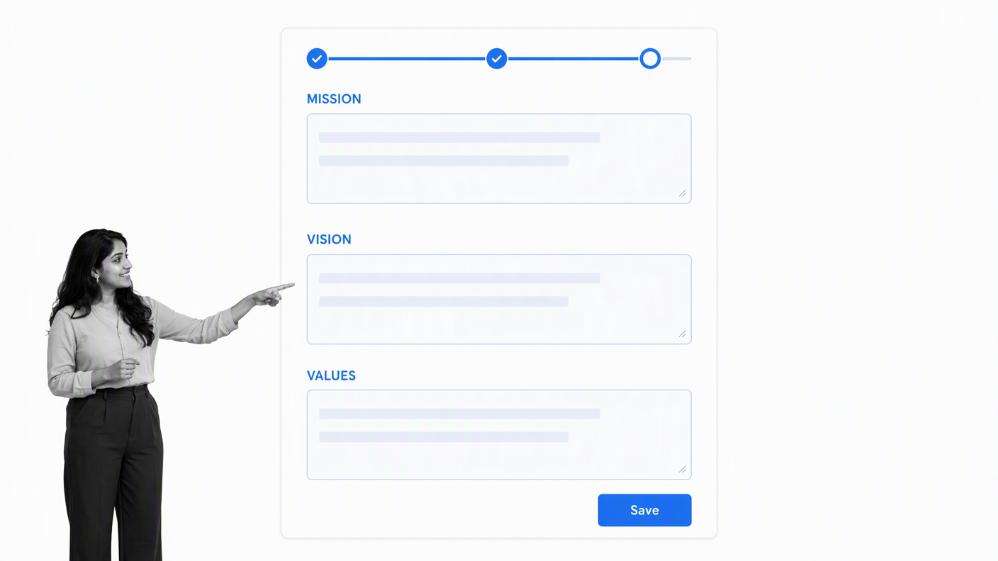 Mission vision and values captured in a guided workflow