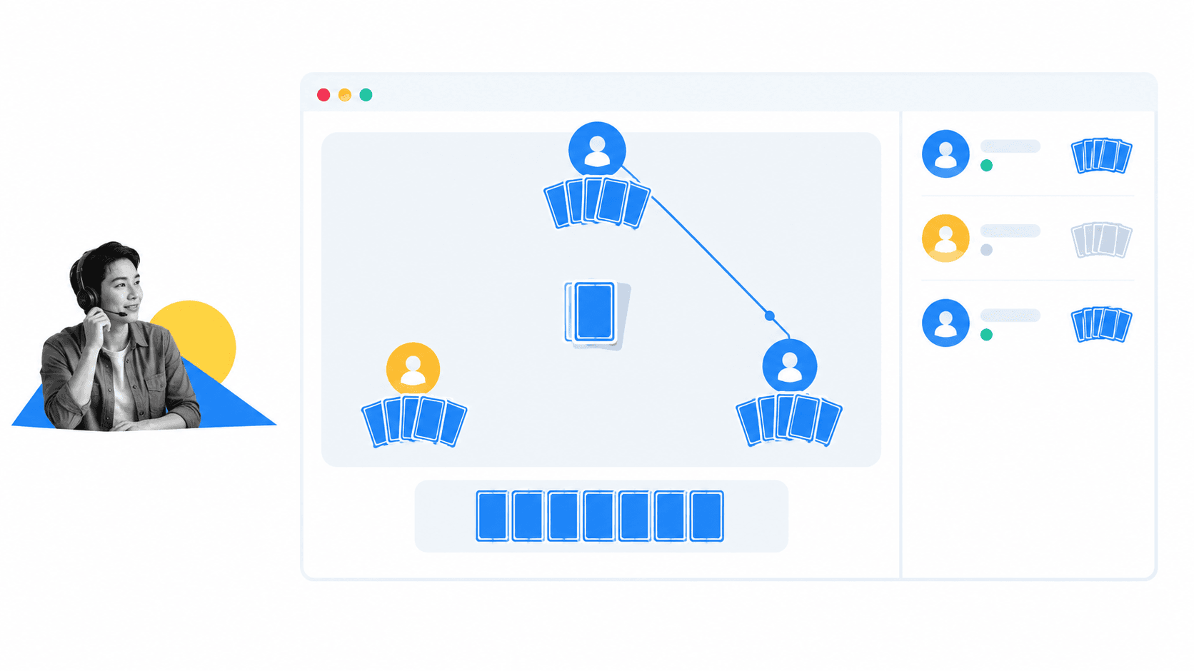 Remote user seeing connected player positions around a networked card table