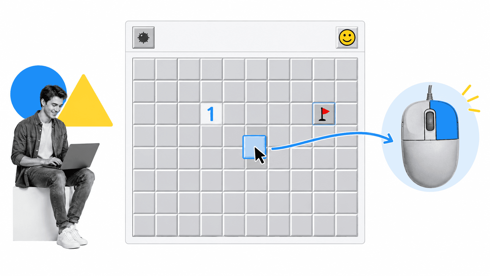 Novice computer user practicing pointer precision and secondary-click behavior on a minefield puzzle